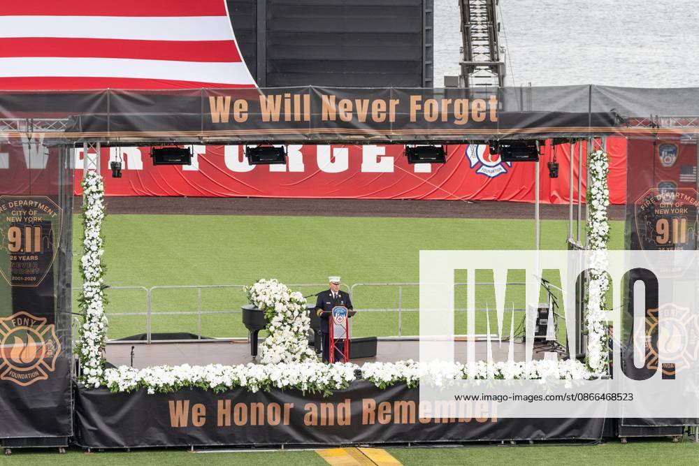 FDNY Chief of the Department John Esposito speaks during memorial service to commemorate 25th anniversary of terrorist attack on World Trade Center in New York. Service was held at FerryHawks Stadium of Staten Island Borough, New York, NY on September 9, 2026. FDNY members, families of those how perished on that day and who died after of illnesses related to their work in the rescue and recovery efforts, members of fire departments from around the country as well as firefighters from Italy and France attended the service. New York USA - ZUMAr339 20260909_znp_r339_033