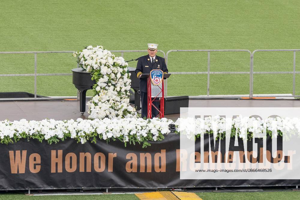 FDNY Chief of the Department John Esposito speaks during memorial service to commemorate 25th anniversary of terrorist attack on World Trade Center in New York. Service was held at FerryHawks Stadium of Staten Island Borough, New York, NY on September 9, 2026. FDNY members, families of those how perished on that day and who died after of illnesses related to their work in the rescue and recovery efforts, members of fire departments from around the country as well as firefighters from Italy and France attended the service. New York USA - ZUMAr339 20260909_znp_r339_034