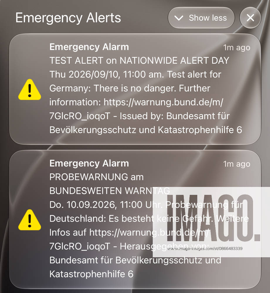 Germany, Europe: A smartphone displays several cell broadcast test alerts on the lock screen during the nationwide warning day. The alerts from the Federal Office for Civil Protection and Disaster Assistance (BBK) are displayed in German and English and indicate that this is a test alert