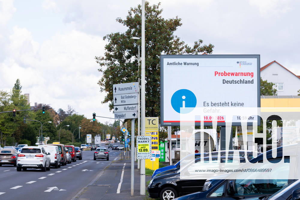 National Warning Day Test Alert on a Digital Billboard in Bonn, September 10, 2026 To mark National Warning Day 2026, a digital billboard operated by the outdoor advertising company Ströer on Federal Highway B9 in Bonn-Bad Godesberg displays the official warning from th