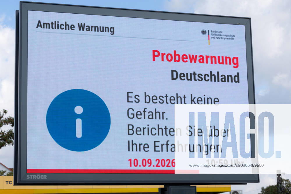 National Warning Day Test Alert on a Digital Billboard in Bonn, September 10, 2026: To mark National Warning Day 2026, a digital billboard operated by the outdoor advertising company Ströer on Federal Highway B9 in Bonn-Bad Godesberg displays the official warning from t