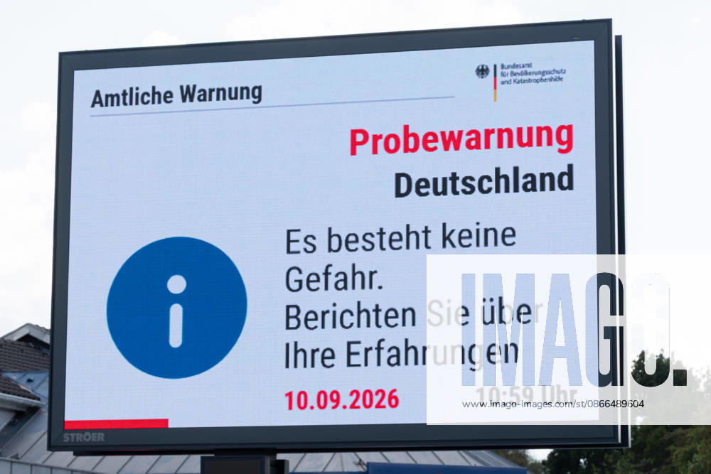 National Warning Day Test Alert on a Digital Billboard in Bonn, September 10, 2026: To mark National Warning Day 2026, a digital billboard operated by the outdoor advertising company Ströer on Federal Highway B9 in Bonn-Bad Godesberg displays the official warning from t