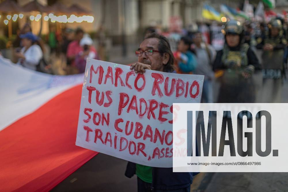 Protesters Rally Against Marco Rubios Visit to Peru LIMA, PERU SEPTEMBER 9, 2026: Protesters from left-wing civic and university collectives gather at Plaza San Martin in central Lima to demonstrate against the official visit of U.S. Secretary of State Marco Rubio to Peru. The demonstrators marched through the city centre into the evening during Rubios South American tour. Lima Peru