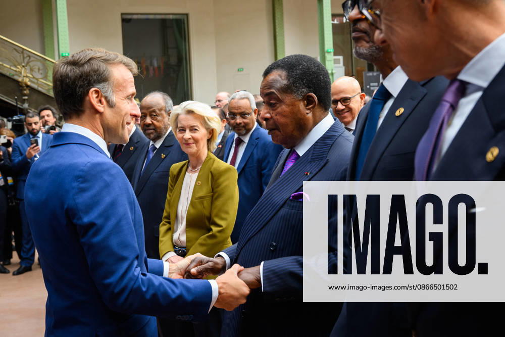 SIE International Space Summit - Paris French President Emmanuel Macron, greets Denis Sassou Nguesso, President of Congo, during the International Space Summit at Grand Palais in Paris, France on April 14, 2026. Photo by Eric Tschaen Pool ABACAPRESS.COM Paris IDF France