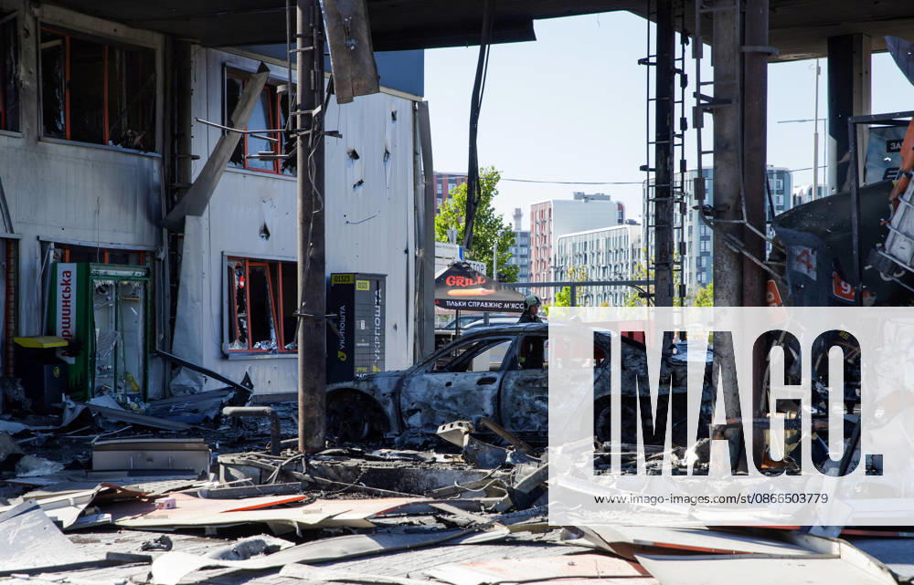 A burnt-out car is at a petrol station attacked by a Russian drone in the Holosiivskyi district of Kyiv, Ukraine, September 10, 2026. Russian forces targeted the petrol station, injuring four people. A car caught fire on the premises, and a public transport stop was also damaged. (Photo by Marianna Kotyk Ukrinform) Russian drone strikes petrol station in Kyiv’s Holosiivskyi district