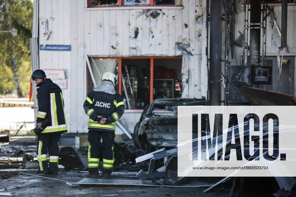Firefighters work at a petrol station attacked by a Russian drone in the Holosiivskyi district of Kyiv, Ukraine, September 10, 2026. Russian forces targeted the petrol station, injuring four people. A car caught fire on the premises, and a public transport stop was also damaged. (Photo by Marianna Kotyk Ukrinform) Russian drone strikes petrol station in Kyiv’s Holosiivskyi district