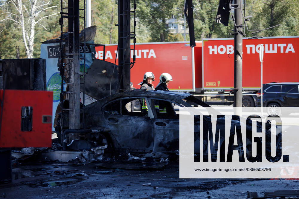 Firefighters work at a petrol station attacked by a Russian drone in the Holosiivskyi district of Kyiv, Ukraine, September 10, 2026. Russian forces targeted the petrol station, injuring four people. A car caught fire on the premises, and a public transport stop was also damaged. (Photo by Marianna Kotyk Ukrinform) Russian drone strikes petrol station in Kyiv’s Holosiivskyi district