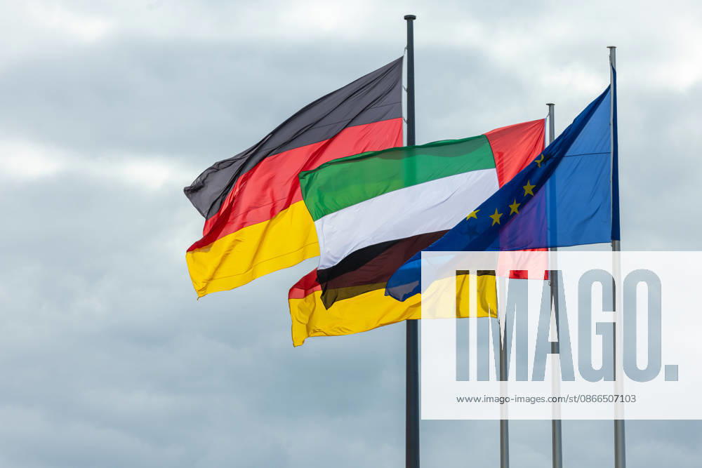 State visit by His Highness the President of the United Arab Emirates, Sheikh Mohammed bin Zayed Al Nahyan, to the Federal Republic of Germany, Berlin, on September 10, 2026. The flags of Germany, the United Arab Emirates, and the European Union are fluttering in the wind.