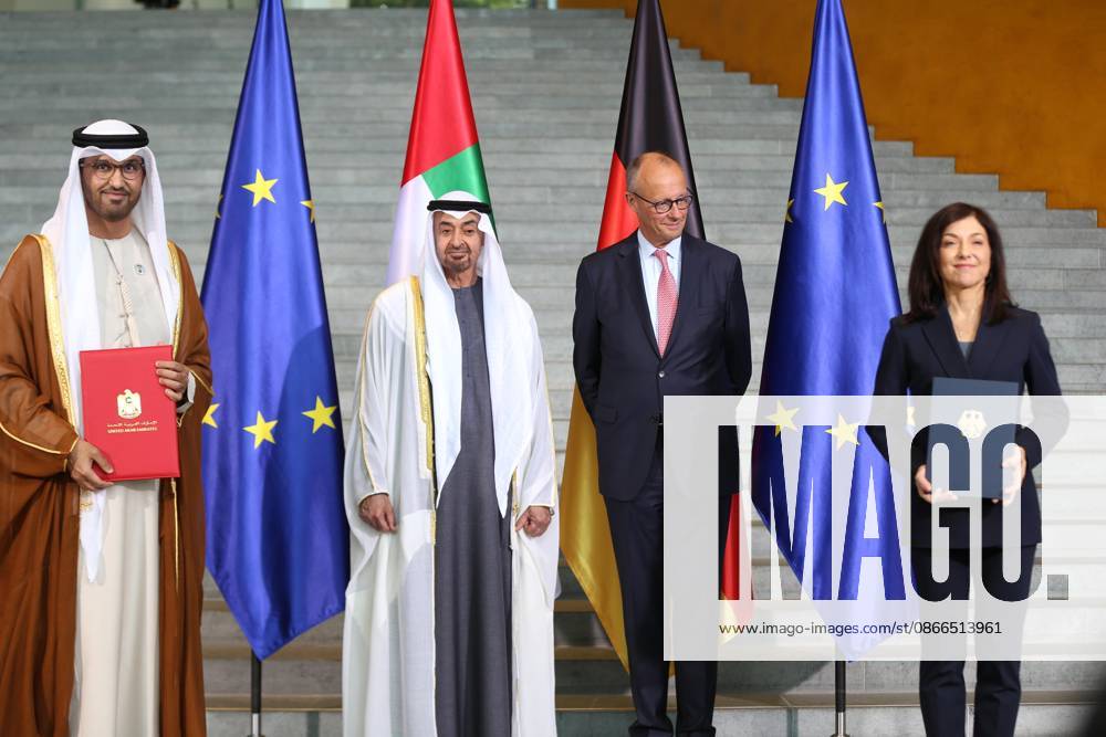 Berlin, Germany, September 10, 2026, Federal Chancellery: State Visit—S.H. the President of the United Arab Emirates (L.R.), UAE Minister of Industry Sultan bin Ahmad Sultan Al Jaber, Sheikh Muhammad bin Zayid Al Nahyan, Federal Chancellor Friedrich Merz, and Minister of Economic Affairs Katherina Reiche
