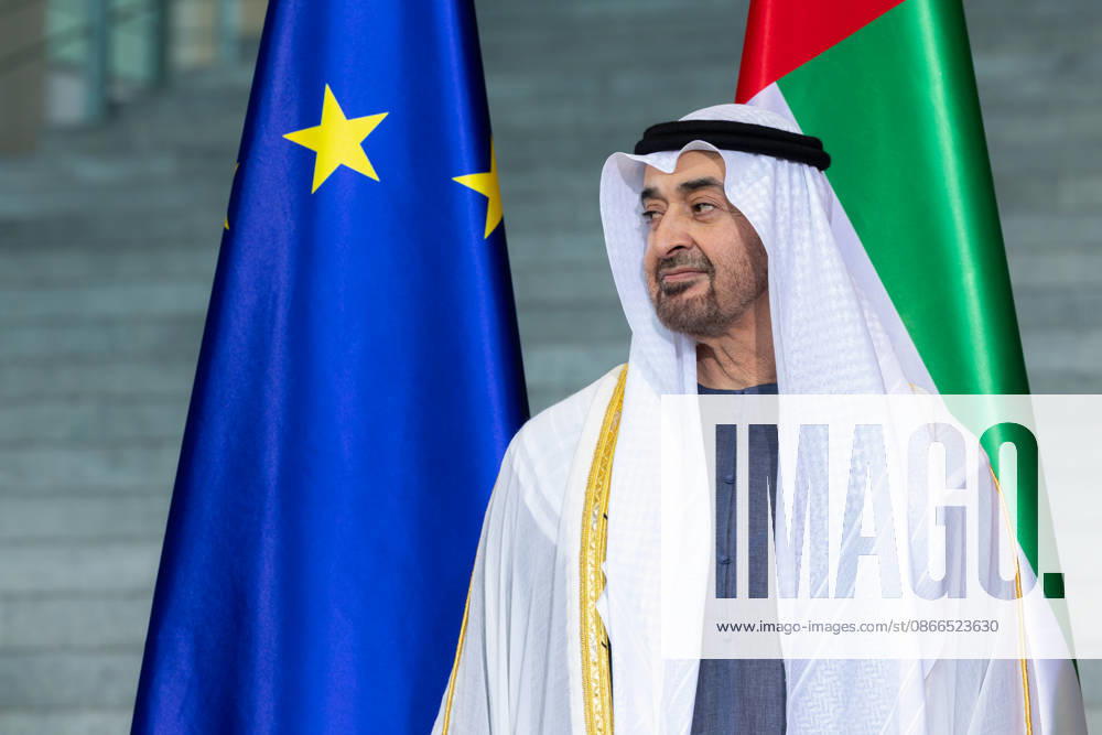 State visit by His Highness the President of the United Arab Emirates, Sheikh Mohammed bin Zayed Al Nahyan, to the Federal Republic of Germany, Berlin, September 10, 2026: The President of the United Arab Emirates, Sheikh Mohammed bin Zayed Al Nahyan, stands in front of the flags of the European Union and the United Arab
