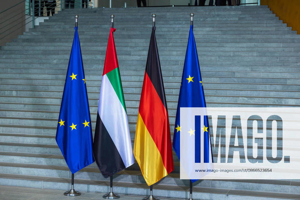 State visit by His Highness the President of the United Arab Emirates, Sheikh Mohammed bin Zayed Al Nahyan, to the Federal Republic of Germany, Berlin, September 10, 2026. The flags of the European Union, the United Arab Emirates, and Germany