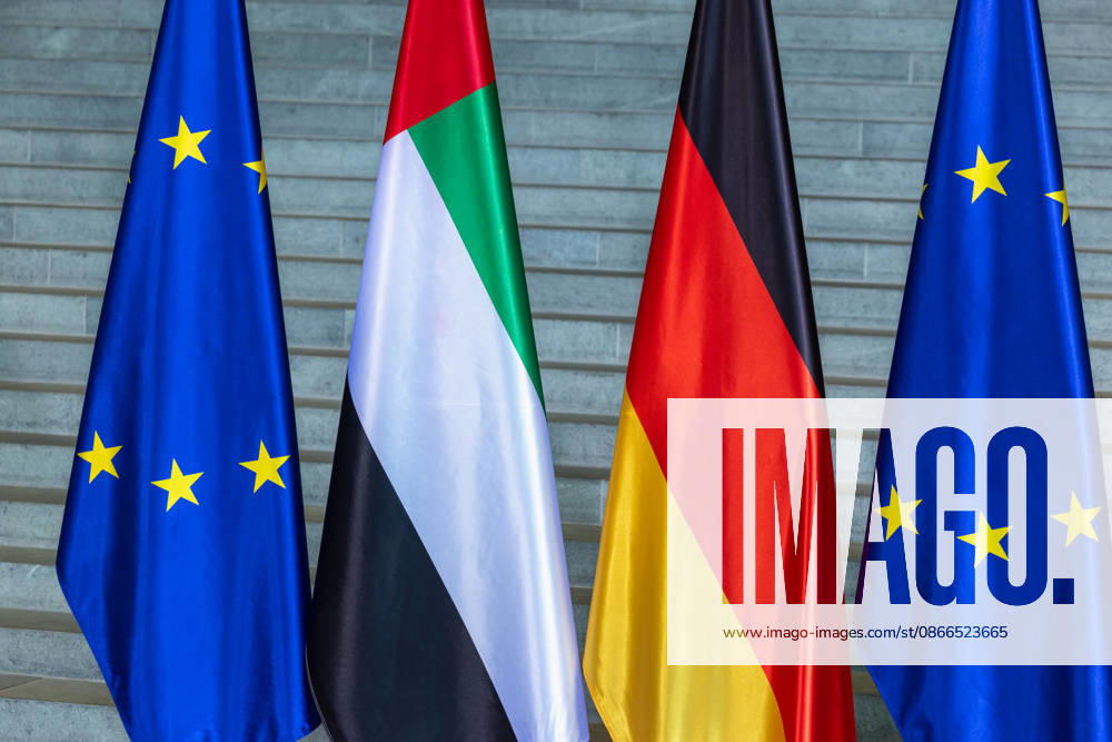State visit by His Highness Sheikh Mohammed bin Zayed Al Nahyan, President of the United Arab Emirates, to the Federal Republic of Germany, Berlin, September 10, 2026. The flags of the European Union, the United Arab Emirates, and Germany stan