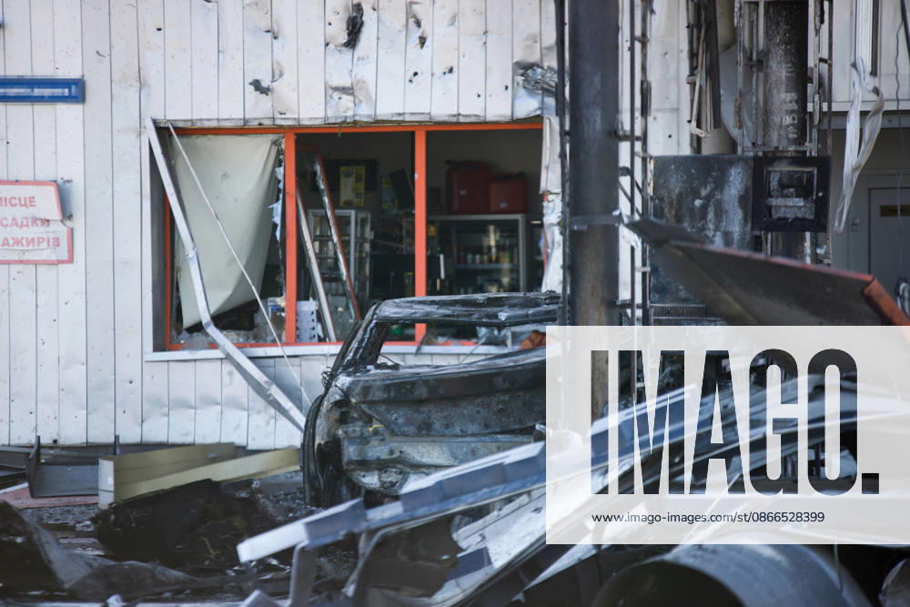 Russian drone strikes petrol station in Kyivs Holosiivskyi district A burnt-out car is at a petrol station in the Holosiivskyi district of Kyiv, Ukraine, on September 10, 2026. Russian forces targeted the petrol station, injuring four people. A car caught fire on the premises, and a public transport stop was also damaged. Kyiv Ukraine