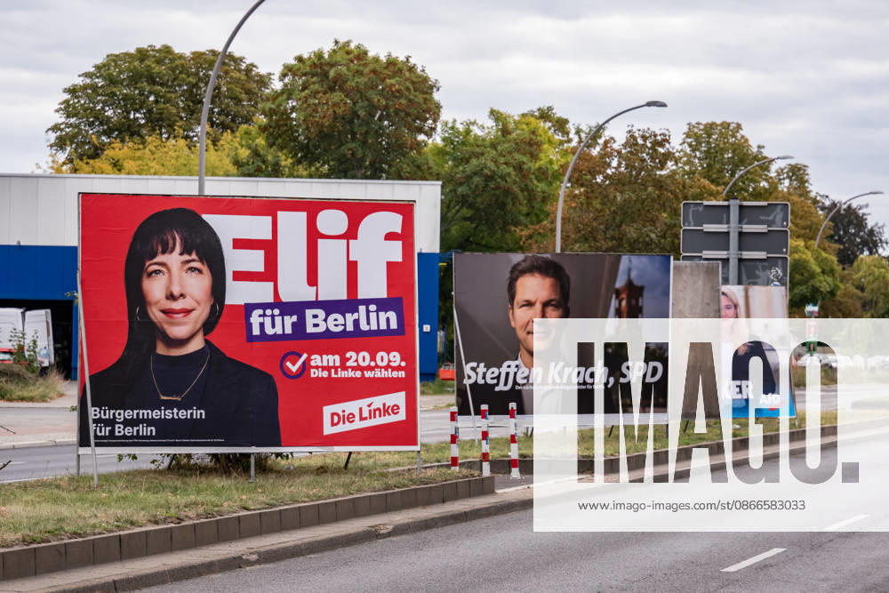 Election poster featuring Elif Eralp, the leading candidate for Die Linke in the Berlin House of Representatives election, and Steffen Krach of the SPD, in Berlin on September 11, 2026. Election campaign advertising in Berlin