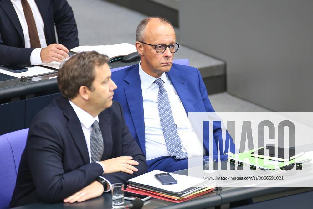 German Bundestag 94th Session of the Bundestag Budget Week Federal Minister of Finance Lars Klingbeil (SPD) and Federal Chancellor Friedrich Merz (CDU)
