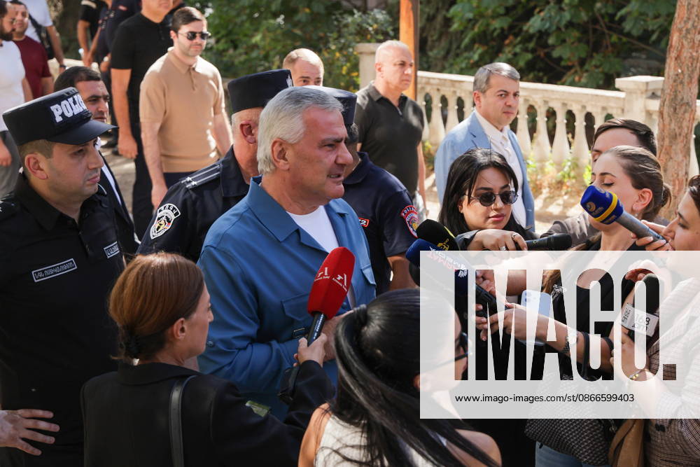 ARMENIA, YEREVAN - SEPTEMBER 11, 2026: Samvel Karapetyan (C), leader of the Strong Armenia Party, talks to journalists outside the Anti-Ñorruption Court building. Alexander Patrin TASS 97520402