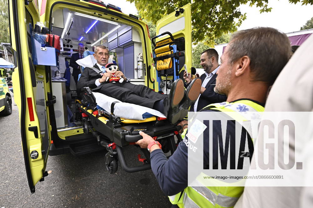 Czech Prime Minister Andrej Babis (ANO) tries out the stretcher in a new ambulance during the handover of ambulances to the Usti nad Labem Region Emergency Medical Service on September 11, in Litomerice, Czech Republic. (CTKxPhoto OndrejxHajek) CTKPhotoP2026091105862 CTKPhotoP2026091105862