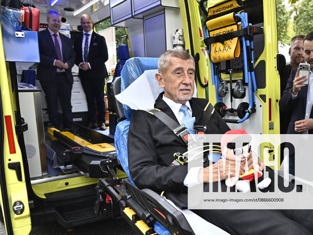 Czech Prime Minister Andrej Babis (ANO) tries out the stretcher in a new ambulance during the handover of ambulances to the Usti nad Labem Region Emergency Medical Service on September 11, in Litomerice, Czech Republic. (CTKxPhoto OndrejxHajek) CTKPhotoP2026091105875 CTKPhotoP2026091105875