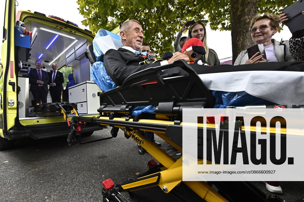 Czech Prime Minister Andrej Babis (ANO) tries out the stretcher in a new ambulance during the handover of ambulances to the Usti nad Labem Region Emergency Medical Service on September 11, in Litomerice, Czech Republic. (CTKxPhoto OndrejxHajek) CTKPhotoP2026091105883 CTKPhotoP2026091105883