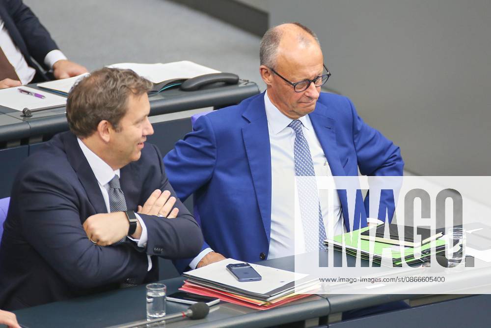 German Bundestag 94th Session of the Bundestag Budget Week Federal Minister of Finance Lars Klingbeil (SPD) and Federal Chancellor Friedrich Merz (CDU)