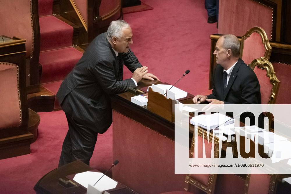 IPP Photo by Diego Nangano, Rome, September 11, 2026, Senate of the Republic: Debate on Electoral Law Reform. Pictured: Claudio Lotito of Forza Italia and Roberto Calderoli, Minister for Regional Affairs and Autonomies. Italy Photo Press World Copyright