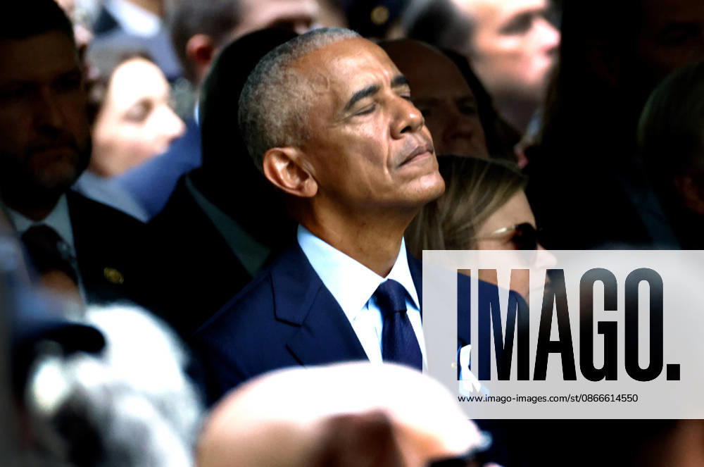 Former US President Barack Obama pauses for a moment of silence at the 25th anniversary of the 9 11 terrorist attacks on the World Trade Center in New York City on Thursday, September 11, 2026. NYP202609113010 PETERxFOLEY