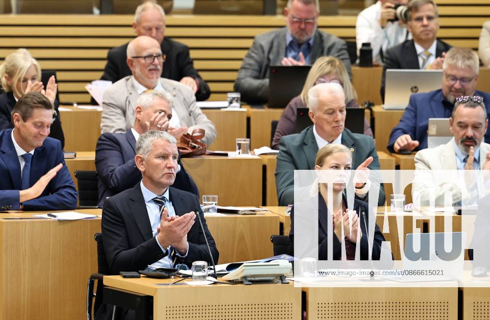 Plenary Session of the Thuringian State Parliament, September 11, 2026, Erfurt, Thuringian State Parliament, 54th Plenary Session; pictured: the AfD parliamentary caucus; in the foreground, AfD caucus chair Bjoern Hoecke and Wiebke Muhsal of the AfD
