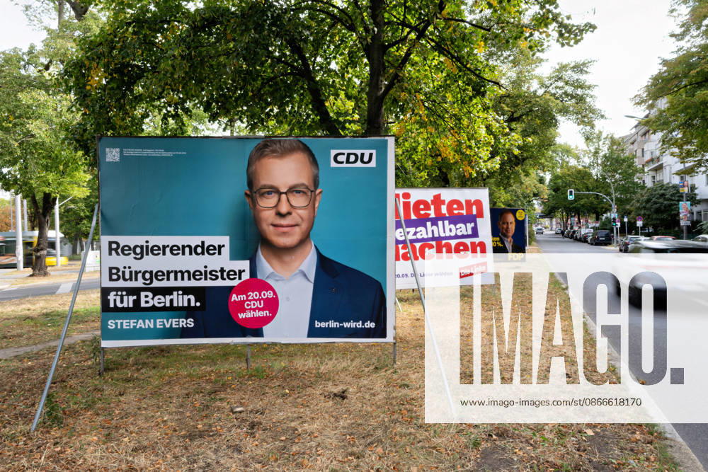 Berlin, September 11, 2026: A CDU campaign poster featuring Stefan Evers, Governing Mayor of Berlin, on the side of the road; in the background, additional campaign posters from Die Linke and the FDP for the Berlin election on September 20. Campaign advertising for the Berlin election on September 20.