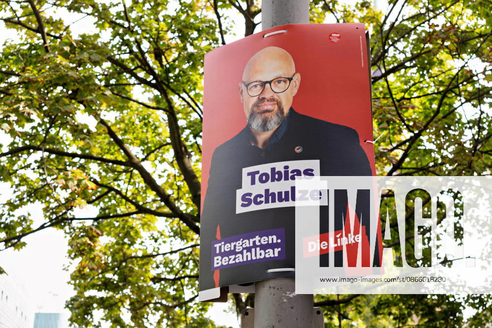 Berlin, September 11, 2026: An election poster for Die Linke candidate Tobias Schulze, featuring the slogan Tiergarten Affordable, hangs on a pole in Berlin. Die Linke election poster for the Tiergarten district for the Berlin election.