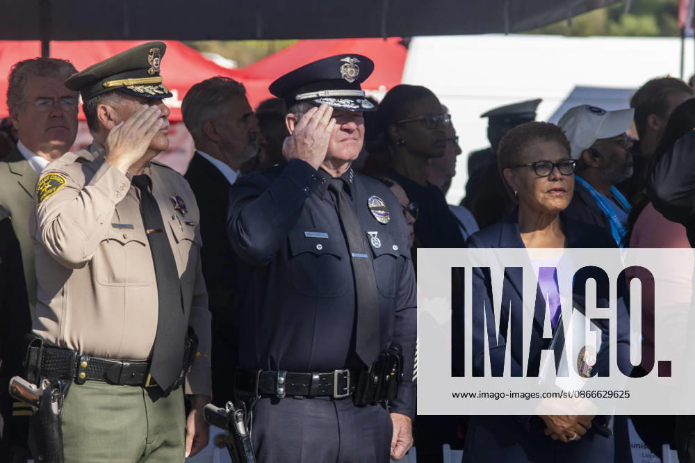 (L to R) Los Angeles County Sheriff Robert Luna, Los Angeles Police Department Chief Jim McDonnell and Los Angeles Mayor Karen Bass attend as the Los Angeles Fire Department marks the 25th anniversary of the Sept. 11 terrorist attacks at the Frank Hotchkin Memorial Training Center in Los Angeles, California, on Sept. 11, 2026. Los Angeles USA - ZUMAc68_ 20260911_zaf_c68_006