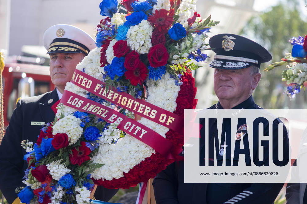 Los Angeles Fire Department Fire Chief Jaime Moore (L) and Los Angeles Police Department Chief Jim McDonnell attend as the Los Angeles Fire Department marks the 25th anniversary of the Sept. 11 terrorist attacks at the Frank Hotchkin Memorial Training Center in Los Angeles, California, on Sept. 11, 2026. Los Angeles USA - ZUMAc68_ 20260911_zaf_c68_007