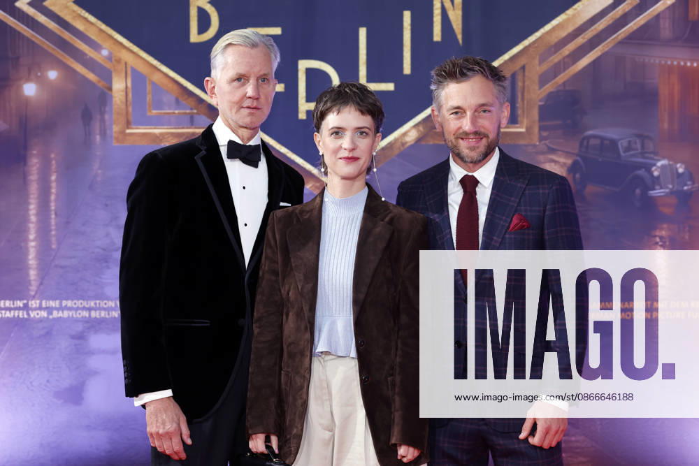 Singer Max Raabe, actress Liv Lisa Fries, and actor Volker Bruch at the North Rhine-Westphalia premiere of the fifth and final season of the TV series *Babylon Berlin* at the open-air cinema in Cologne s Rheinauhafen, September 11, 2026, North Rhine-Westphalia, Germany