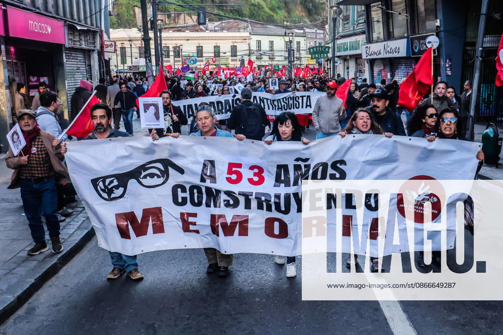 Demonstration march in commemoration of the 53rd anniversary of the coup d Ètat in ValparaÌso, Chile - 9 Sept 2026 Protesters chant slogans and hold a banner expressing their opinion during a demonstration march commemorating the 53rd anniversary of the coup d Ètat in ValparaÌso, Chile. Valparaiso Chile