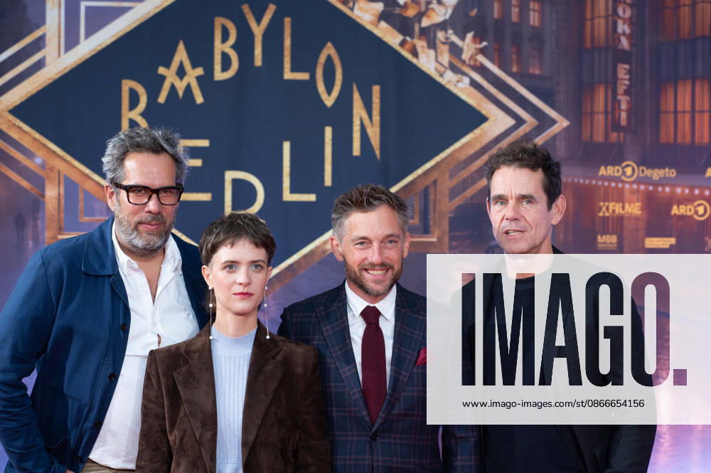 From left: Achim von BORRIES, director; Liv Lisa FRIES, actress; Volker BRUCH, actor; Tom TYKWER, director; Red Carpet, Red Carpet Show, Arrival, Premiere of the final season of Babylon Berlin on September 11, 2026, at the Naturstrom Open-Air Cinema in Rheinau Harbor in Cologne,