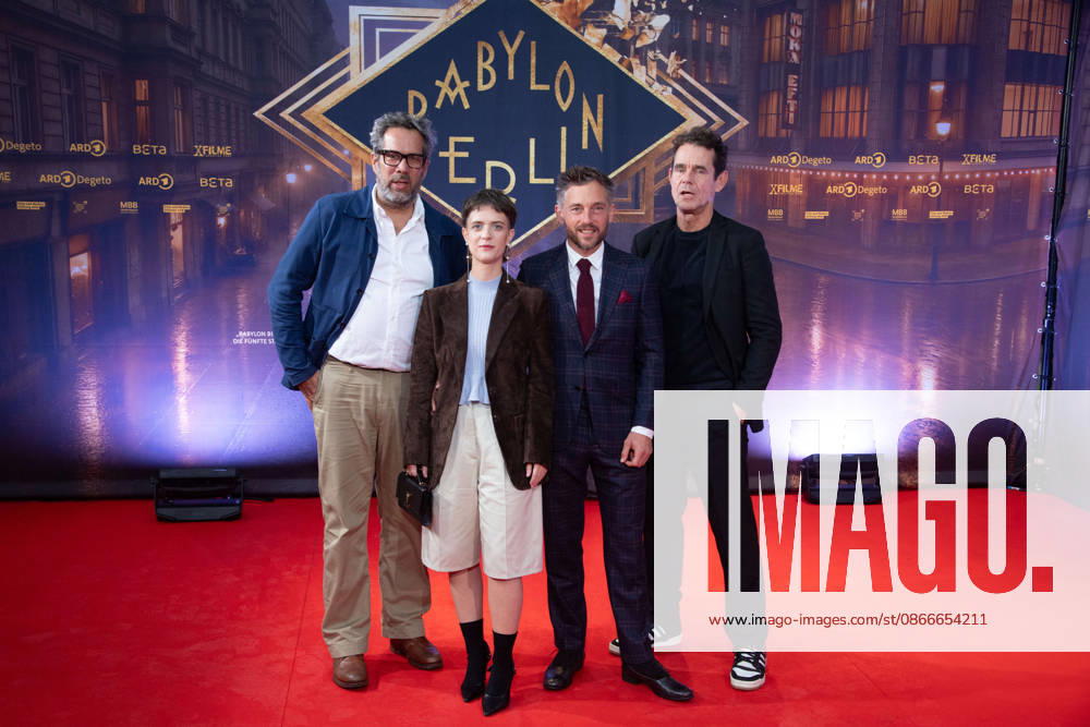 From left: Achim von BORRIES, director; Liv Lisa FRIES, actress; Volker BRUCH, actor; Tom TYKWER, director; Red Carpet, Red Carpet Show, Arrival, Premiere of the final season of Babylon Berlin on September 11, 2026, at the Naturstrom Open-Air Cinema in Rheinau Harbor in Cologne,