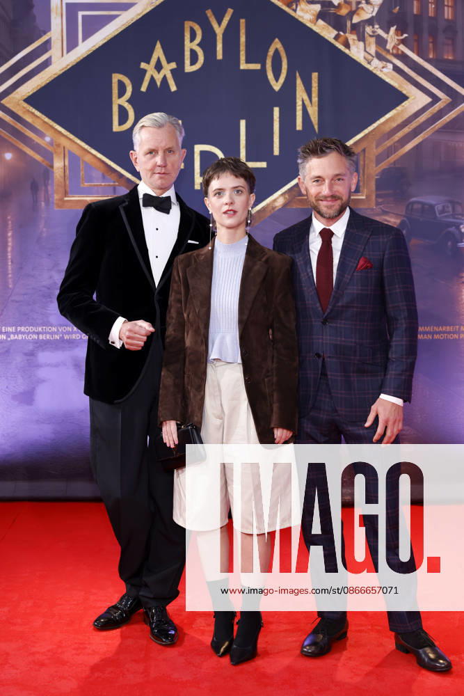 Singer Max Raabe, actress Liv Lisa Fries, and actor Volker Bruch at the North Rhine-Westphalia premiere of the fifth and final season of the TV series *Babylon Berlin* at the open-air cinema in Cologne’s Rheinauhafen, September 11, 2026, North Rhine-Westphalia, Germany