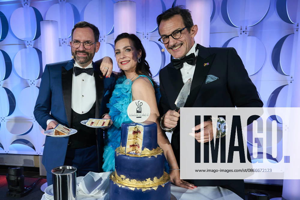 2026 German Acting Award: Hans Werner Meyer, Nadine Heidenreich, Christian Senger cutting the cake on stage at the show celebrating 15 years of the German Acting Award and 20 years of the BFFS, Pullman Berlin Schweizerhof