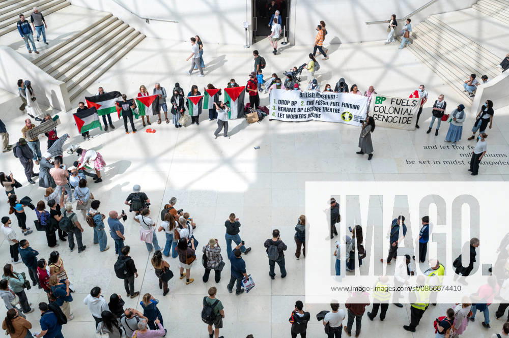 Palestine supporters protest British Museum sponsorship with BP in London - 12 Sep 2026 Museum visitors watch protesters chant slogans during a demonstration. Palestine supporters from Energy Embargo for Palestine occupied the Great Court of the British Museum during a protest calling on the museum to end its sponsorship partnership with BP. The activists also criticised the museum s reported £5 million sponsorship from billionaire Igor Tulchinsky for its Bayeux Tapestry exhibition, citing reported links between his business interests and Israeli defence technology. London United Kingdom