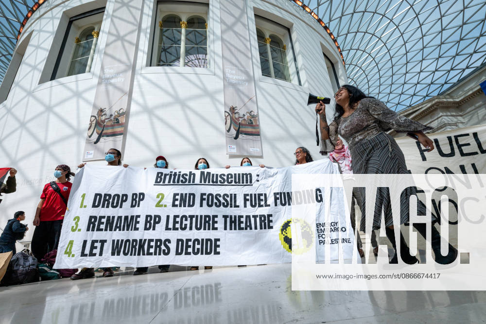 Palestine supporters protest British Museum sponsorship with BP in London - 12 Sep 2026 Protesters chant slogans during a demonstration. Palestine supporters from Energy Embargo for Palestine occupied the Great Court of the British Museum during a protest calling on the museum to end its sponsorship partnership with BP. The activists also criticised the museum s reported £5 million sponsorship from billionaire Igor Tulchinsky for its Bayeux Tapestry exhibition, citing reported links between his business interests and Israeli defence technology. London United Kingdom