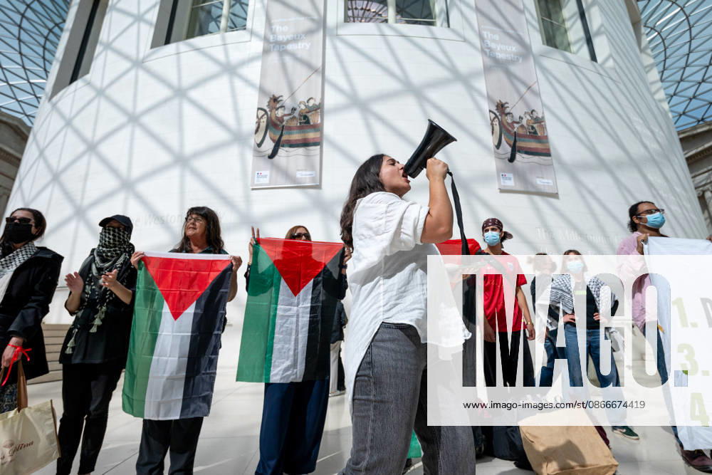 Palestine supporters protest British Museum sponsorship with BP in London - 12 Sep 2026 Protesters chant slogans during a demonstration. Palestine supporters from Energy Embargo for Palestine occupied the Great Court of the British Museum during a protest calling on the museum to end its sponsorship partnership with BP. The activists also criticised the museum s reported £5 million sponsorship from billionaire Igor Tulchinsky for its Bayeux Tapestry exhibition, citing reported links between his business interests and Israeli defence technology. London United Kingdom