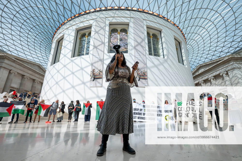 Palestine supporters protest British Museum sponsorship with BP in London - 12 Sep 2026 Protesters chant slogans during a demonstration. Palestine supporters from Energy Embargo for Palestine occupied the Great Court of the British Museum during a protest calling on the museum to end its sponsorship partnership with BP. The activists also criticised the museum s reported £5 million sponsorship from billionaire Igor Tulchinsky for its Bayeux Tapestry exhibition, citing reported links between his business interests and Israeli defence technology. London United Kingdom