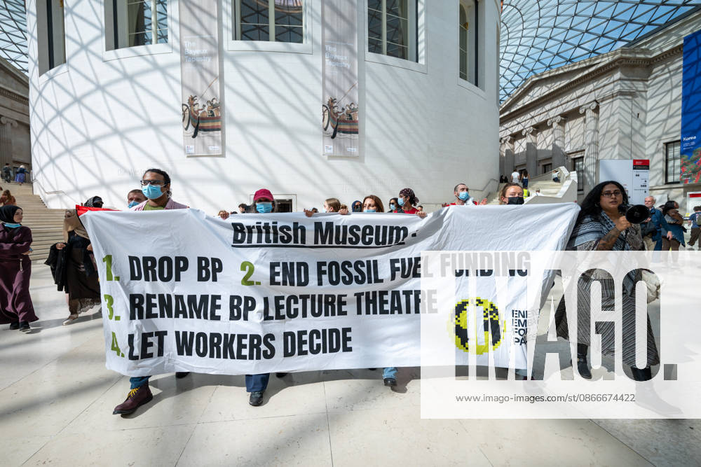 Palestine supporters protest British Museum sponsorship with BP in London - 12 Sep 2026 Protesters hold a banner displaying their demands to the British Museum during a demonstration. Palestine supporters from Energy Embargo for Palestine occupied the Great Court of the British Museum during a protest calling on the museum to end its sponsorship partnership with BP. The activists also criticised the museum s reported £5 million sponsorship from billionaire Igor Tulchinsky for its Bayeux Tapestry exhibition, citing reported links between his business interests and Israeli defence technology. London United Kingdom