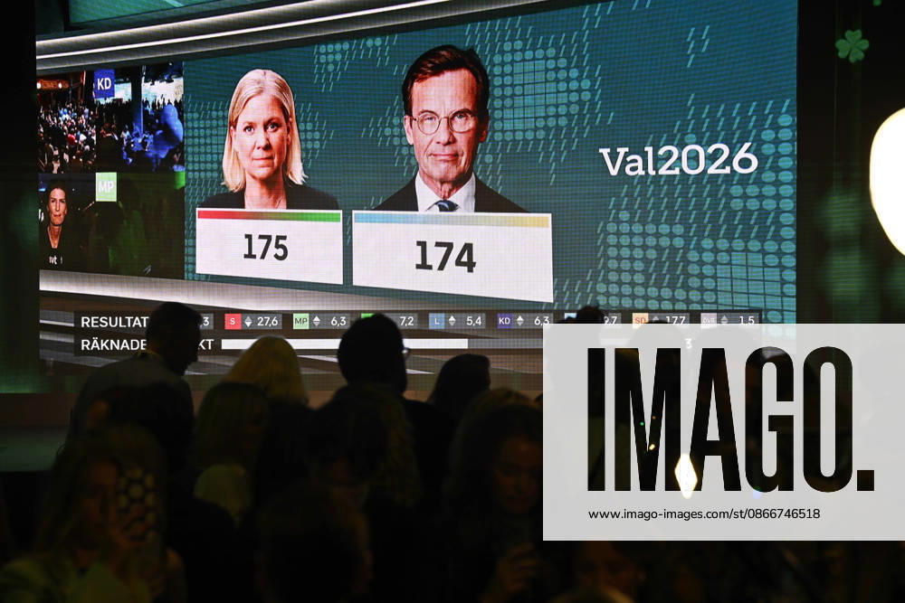 STOCKHOLM, SWEDEN 20260913 SVT s live broadcast is shown on a big screen during the Center Party s election night gathering at Sergel Hub, Sveavägen, STOCKHOLM, SWEDEN