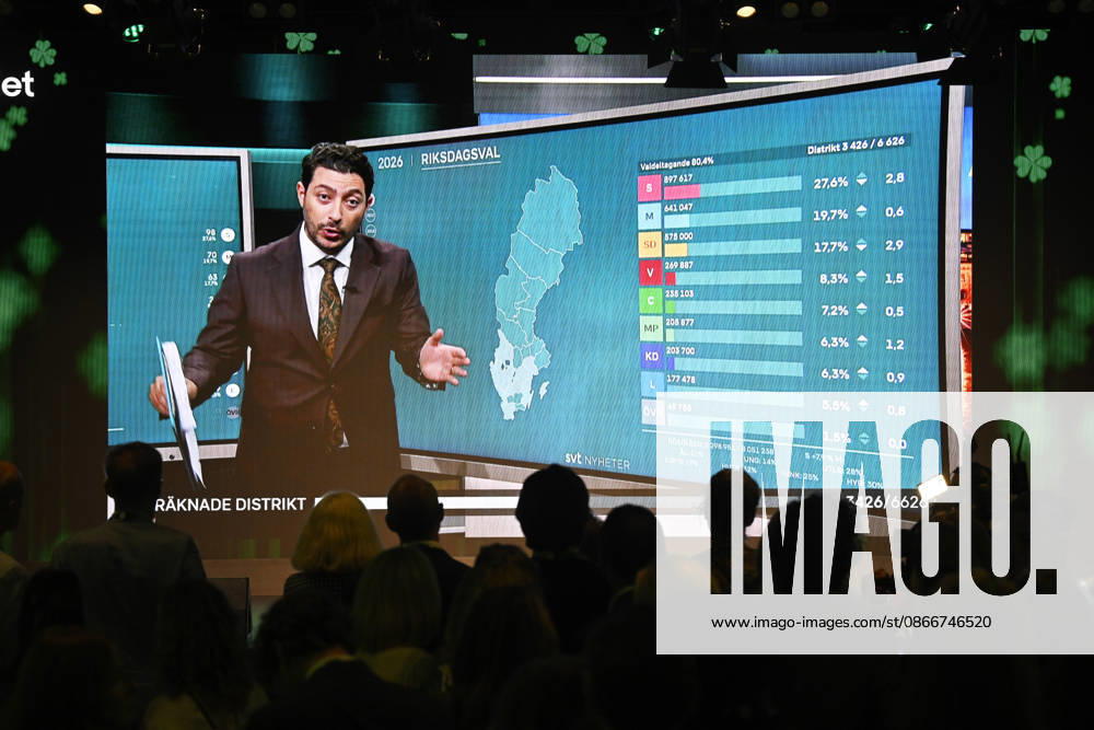 STOCKHOLM, SWEDEN 20260913 SVT host Fouad Youcefi’s live broadcast is shown on a big screen during the Center Party’s election night watch at Sergel Hub, Sveavägen, STOCKHOLM, SWEDEN