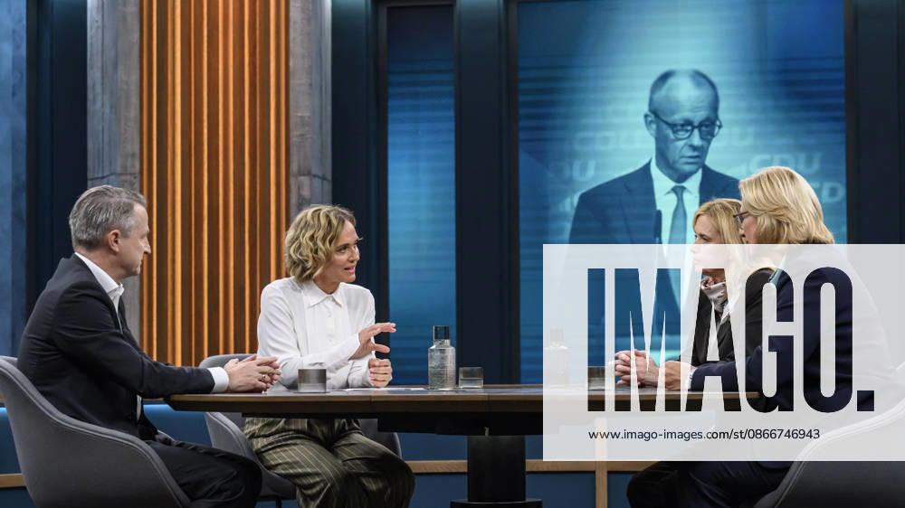 Pictured, from left: Nikolaus Blome, Head of the Politics and Society Department, RTL ntv; Caren Miosga; Karin Prien, Federal Minister of Education, Family, Senior Citizens, Women, and Youth, CDU; Anke Rehlinger, Minister-President of Saarland, SPD, GER, Berlin, studio, guest on Caren Miosga’s show, political talk show, TV