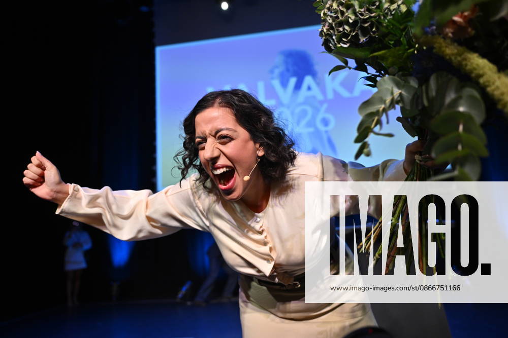 STOCKHOLM, SWEDEN, September 13, 2026: Liberal Party leader Simona Mohamsson L speaks during the Liberal Party’s election night watch party at Vasateatern in central Stockholm. STOCKHOLM, SWEDEN
