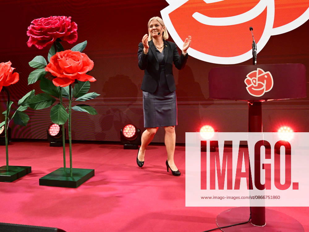 Social Democratic Party leader Magdalena Andersson (S) speaks during the Social Democrats election night watch party at the Stockholm Waterfront Conference Center, STOCKHOLM, SWEDEN