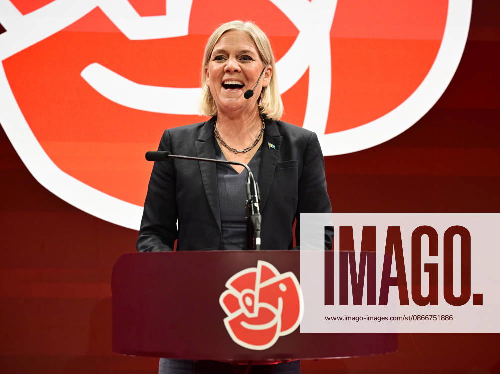 Social Democratic Party leader Magdalena Andersson (S) speaks during the Social Democrats election night watch party at the Stockholm Waterfront Conference Center, STOCKHOLM, SWEDEN