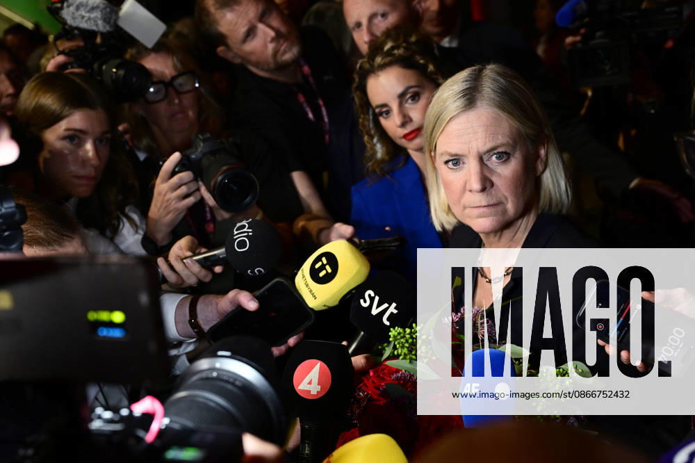 Social Democratic Party leader Magdalena Andersson (S) speaks during the Social Democrats election night watch party at the Stockholm Waterfront Conference Center, STOCKHOLM, SWEDEN