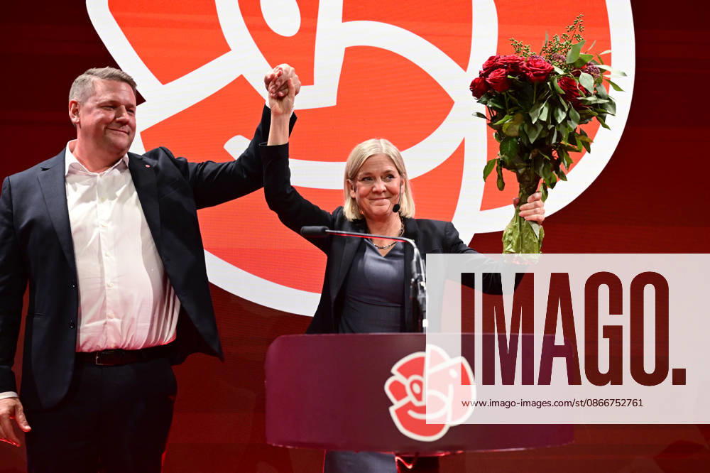 STOCKHOLM, SWEDEN 20260914 Social Democratic Party Secretary Tobias Baudin (S) and Party Leader Magdalena Andersson (S) at the Social Democratic Party’s election night watch at the Stockholm Waterfront Conference Center, STOCKHOLM, SWEDEN